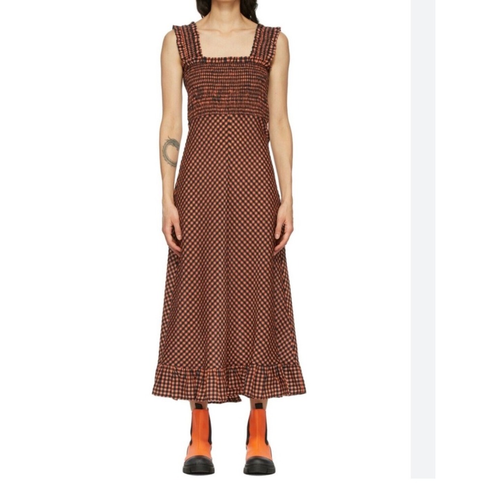 Ganni Seersucker Check Smocked Midi Dress sz M Flame Orange Black Gingham